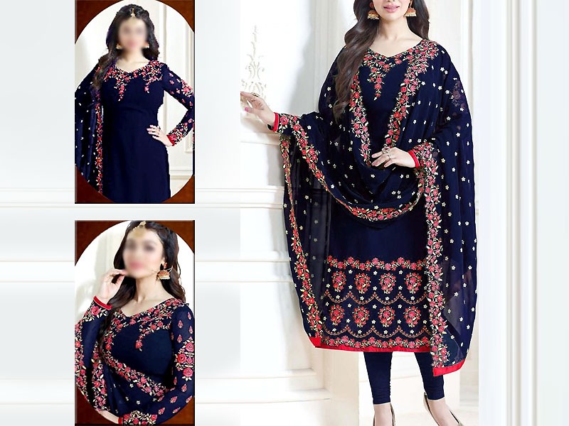 Indian Embroidered Navy Blue Chiffon Party Wear Dress