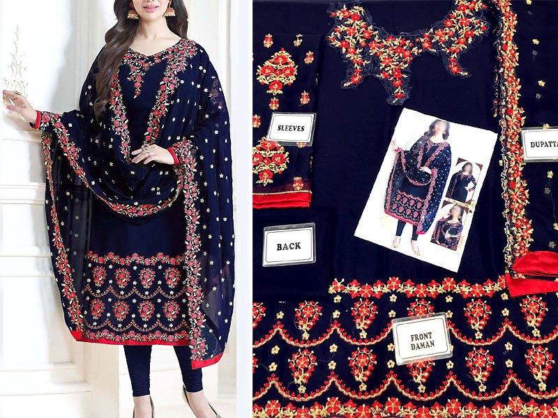 Indian Embroidered Navy Blue Chiffon Party Wear Dress