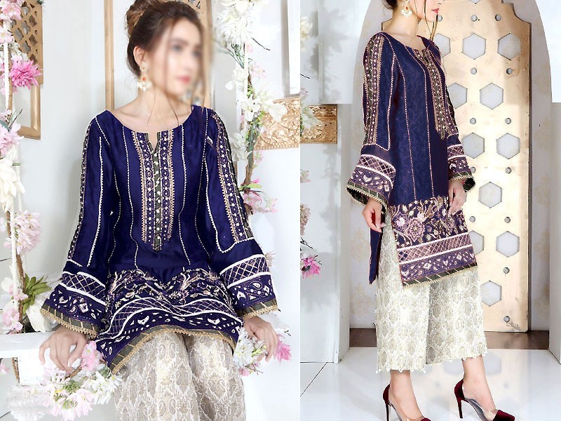 Heavy Embroidered Navy Blue Cotton Dress with Embroidered Trouser