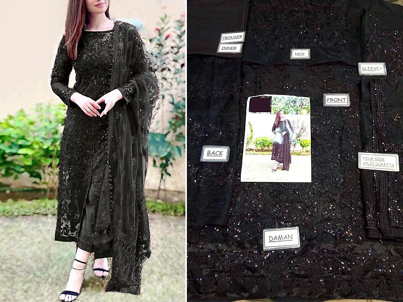 Heavy Embroidered Black Net Formal Wedding Dress