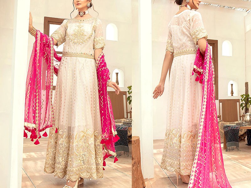 Handwork Heavy Embroidered Net Bridal Dress with Chiffon Dupatta