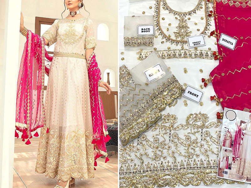 Handwork Heavy Embroidered Net Bridal Dress with Chiffon Dupatta