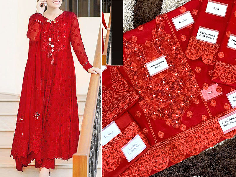 Mirror Work Embroidered Red Chiffon Party Wear Dress