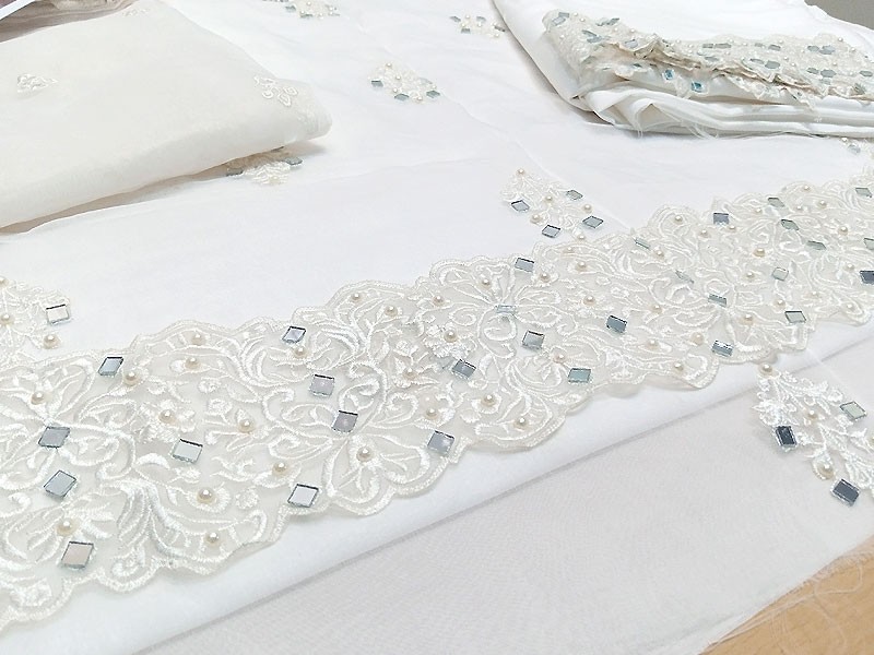 Mirror Work Embroidered Organza White Party Wear Dress