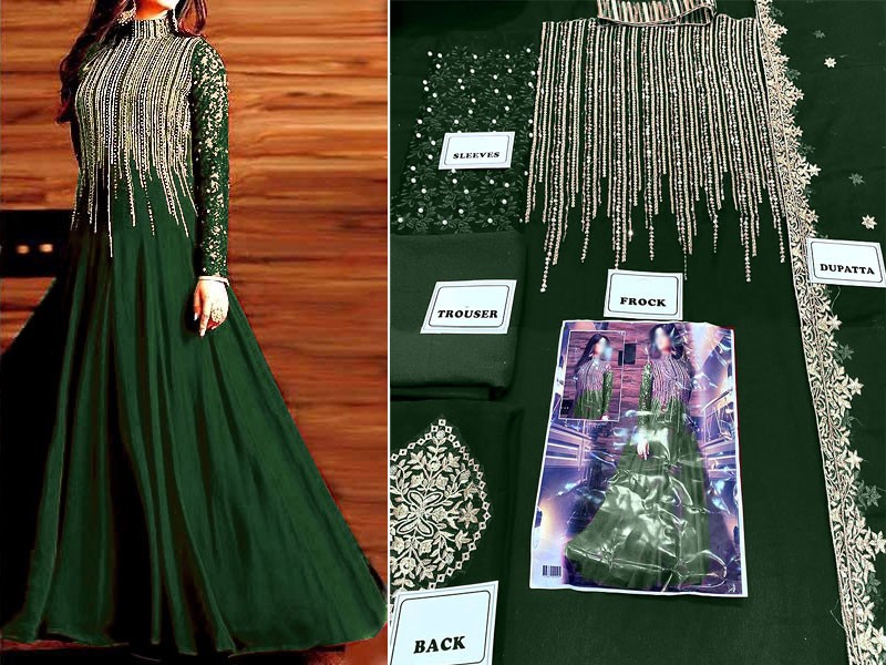 Indian Embroidered Green Chiffon Maxi Dress