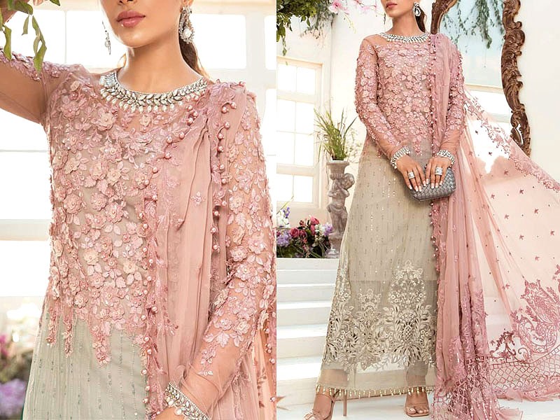 3D & Handwork Heavy Embroidered Ombre Style Chiffon Wedding Dress 2022 Price in Pakistan