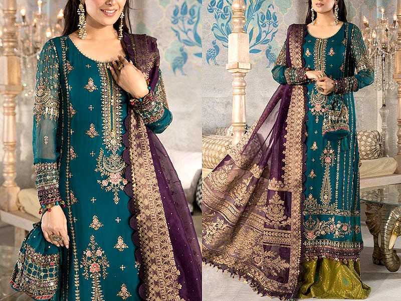 Heavy Embroidered & Mirror Work Orange Net Bridal Maxi Dress Price in Pakistan