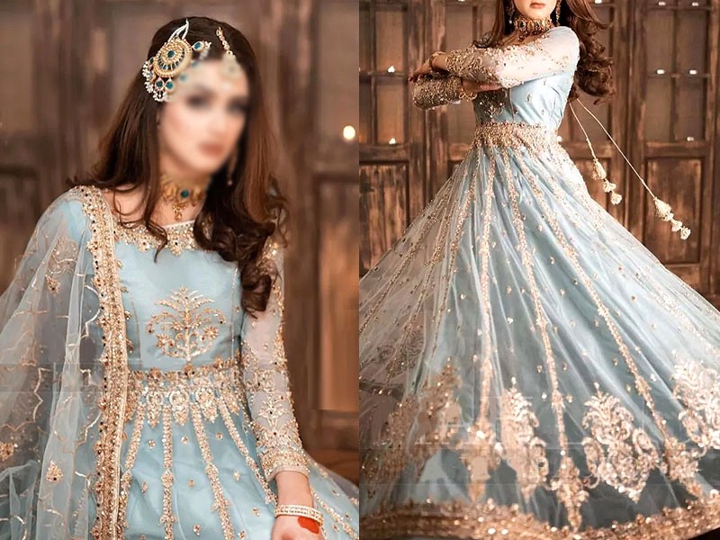 Heavy Embroidered & Mirror Work Blue Net Bridal Maxi Dress