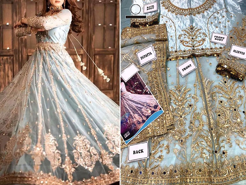 Heavy Embroidered & Mirror Work Blue Net Bridal Maxi Dress