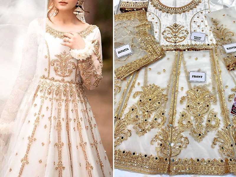 Heavy Embroidered & Mirror Work White Net Bridal Maxi Dress