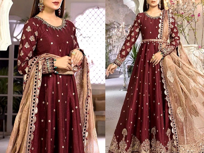 Heavy Embroidered Raw Silk Maxi Dress with Embroidered Khaddi Net Dupatta Price in Pakistan