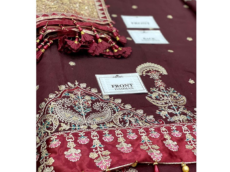Heavy Embroidered Raw Silk Maxi Dress with Embroidered Khaddi Net Dupatta