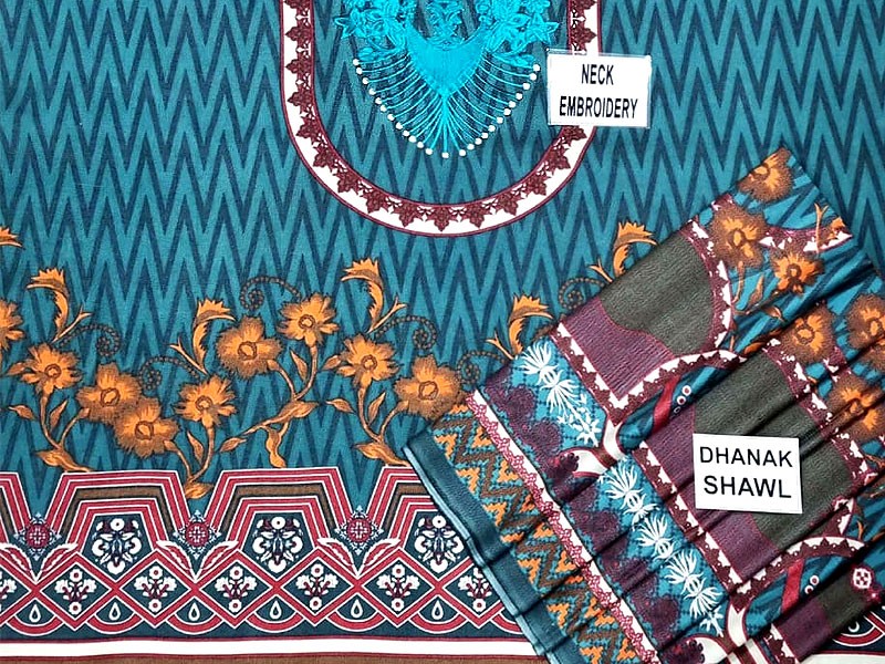 Embroidered Dhanak Suit with Dhanak Shawl Dupatta