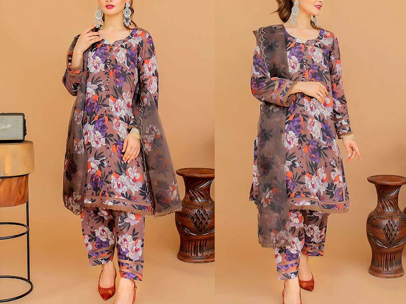 3-Pcs Printed Viscose Silk Dress with Digital Print Bamber Chiffon Dupatta