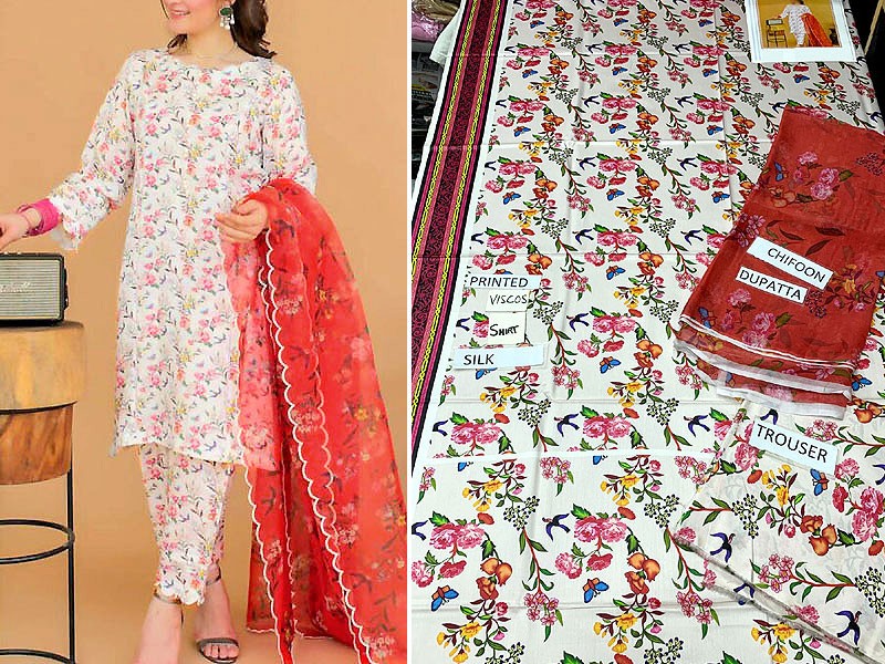 3-Pcs Printed Viscose Silk Dress with Digital Print Bamber Chiffon Dupatta