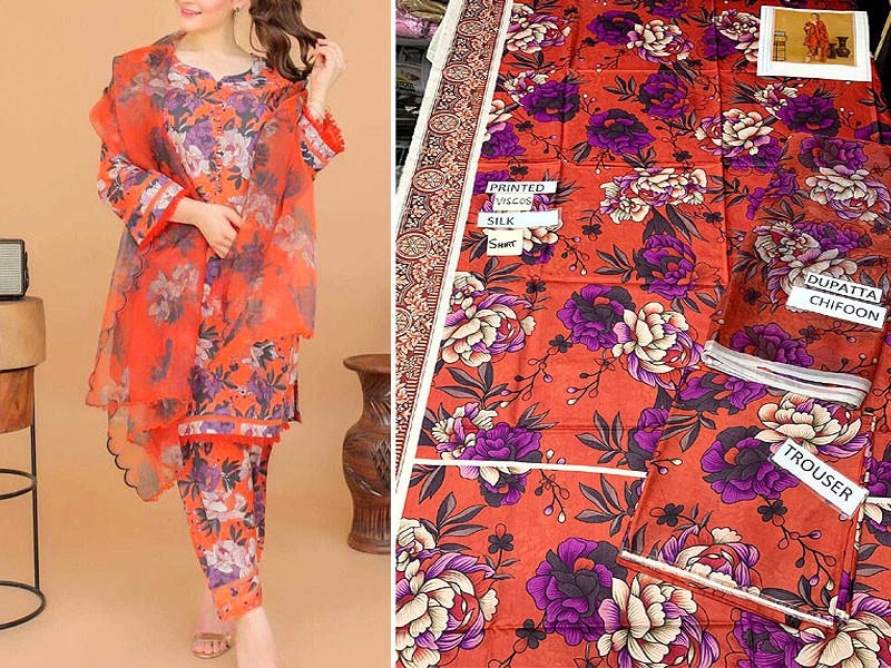 3-Pcs Printed Viscose Silk Suit with Digital Print Bamber Chiffon Dupatta