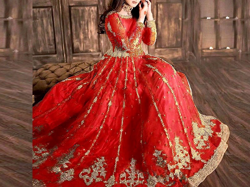 Mirror Work Heavy Embroidered Red Net Bridal Maxi Dress