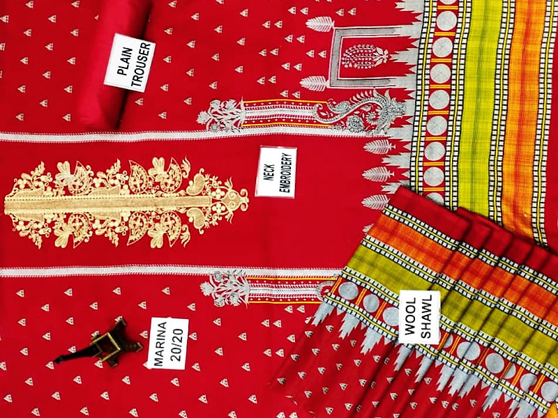 Embroidered Marina Dress with Wool Shawl Dupatta