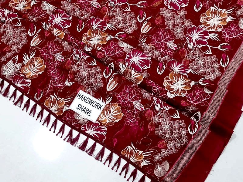 Heavy Embroidered Karandi Maroon Ladies Shawl