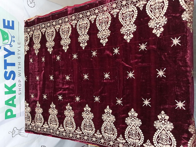 Heavy Embroidered Maroon Bridal Velvet Shawl