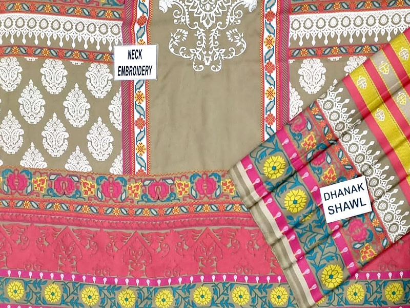 Embroidered Dhanak Dress with Dhanak Shawl Dupatta
