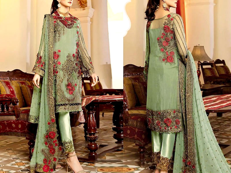 3D Handwork Embroidered Chiffon Party Wear Dress 2022