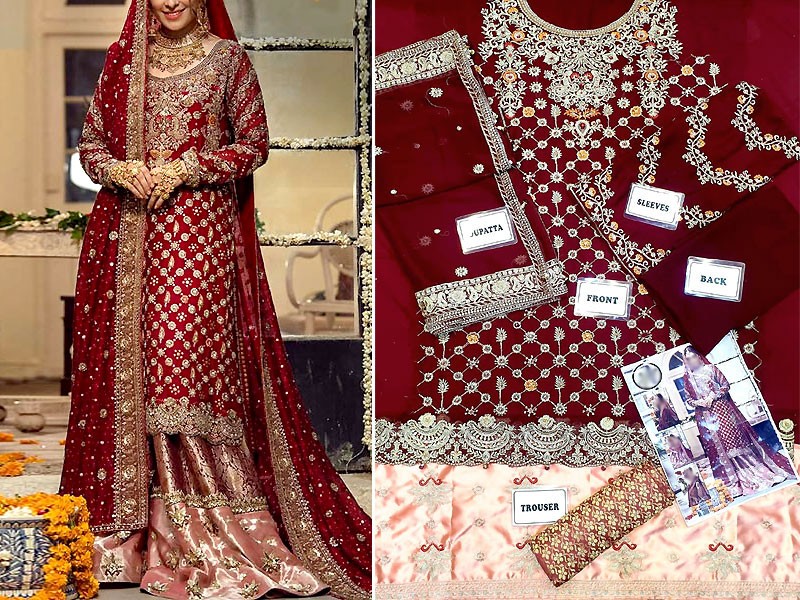 Heavy Embroidered Chiffon Bridal Dress with Jamawar Trouser