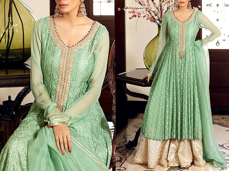 Elegant Embroidered Chiffon Party Wear Frock 2021 with Masoori Trouser
