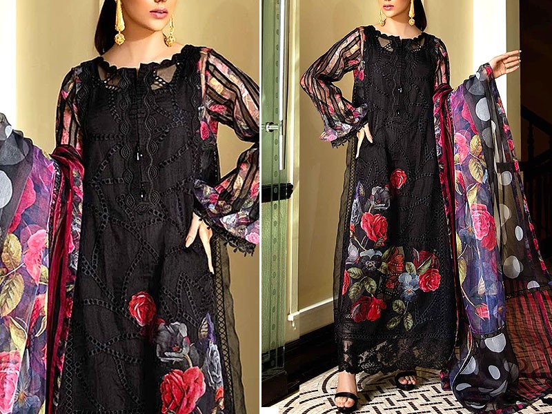 Embroidered Black Chiffon Party Wear Dress with Printed Organza Dupatta