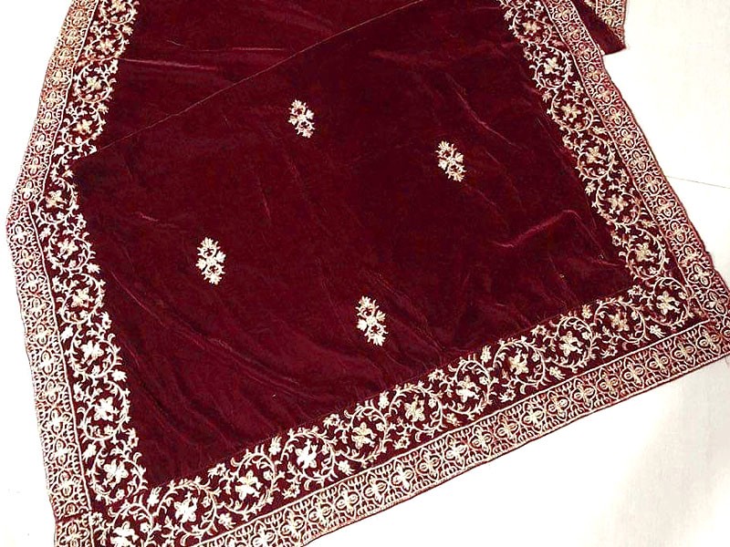 Heavy Embroidered Maroon Bridal Velvet Shawl