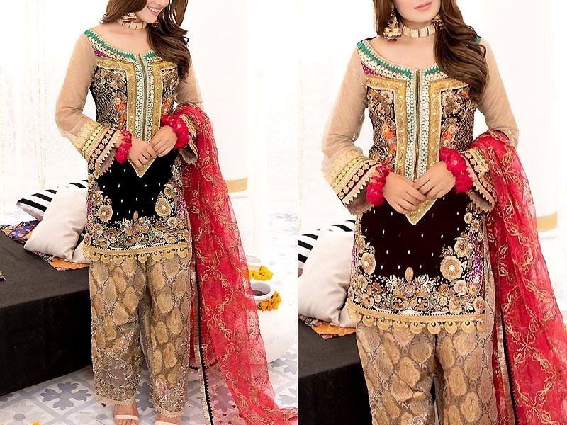 Elegant Embroidered Velvet Party Wear Dress with Embroidered Net Dupatta Price in Pakistan
