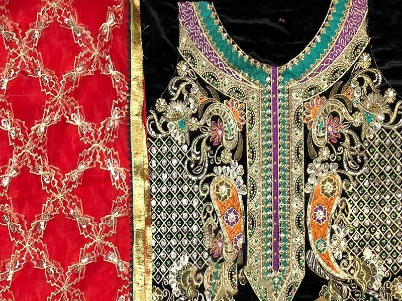 Handwork Heavy Embroidered Velvet Dress with Jamawar Trouser