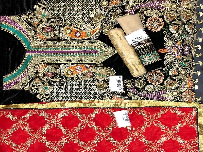 Handwork Heavy Embroidered Velvet Dress with Jamawar Trouser