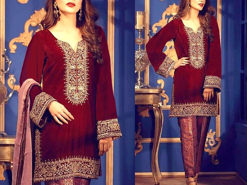Elegant Embroidered Velvet Party Wear Dress with Embroidered Net Dupatta