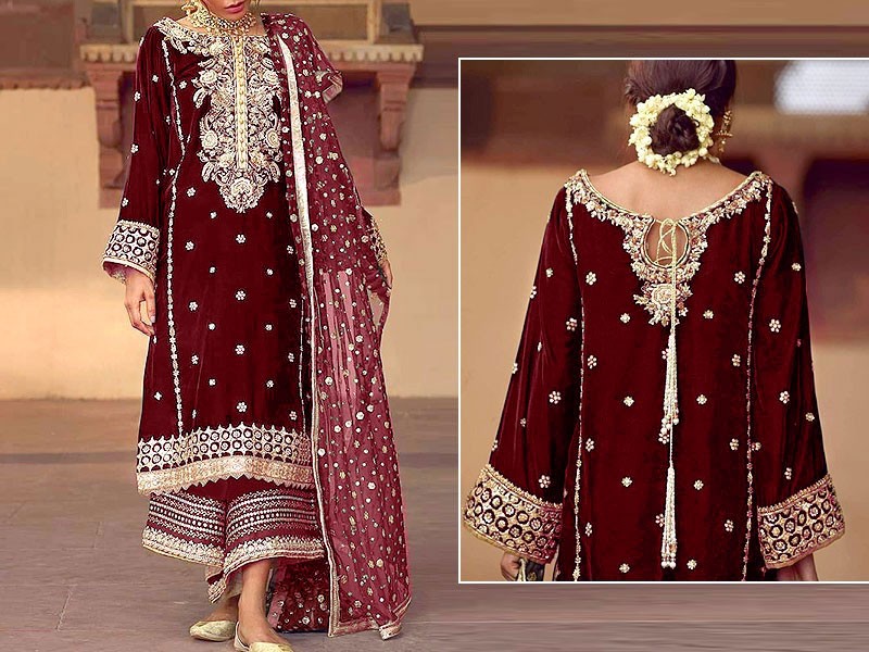 Heavy Embroidered Maroon Velvet Dress with Embroidered Net Dupatta