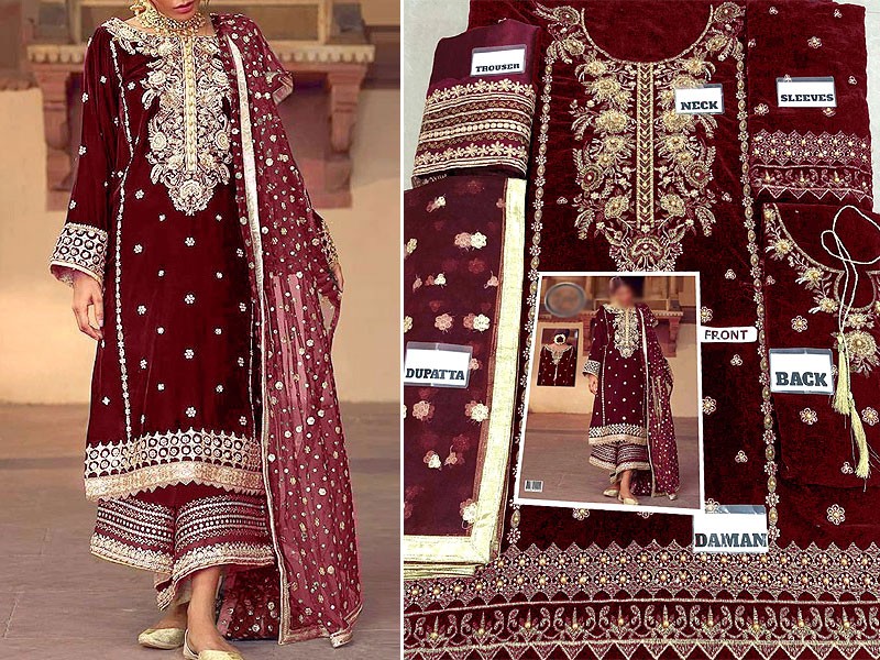 Heavy Embroidered Maroon Velvet Dress with Embroidered Net Dupatta