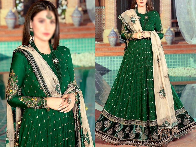 Embroidered Green Chiffon Frock with Embroidered Net Dupatta