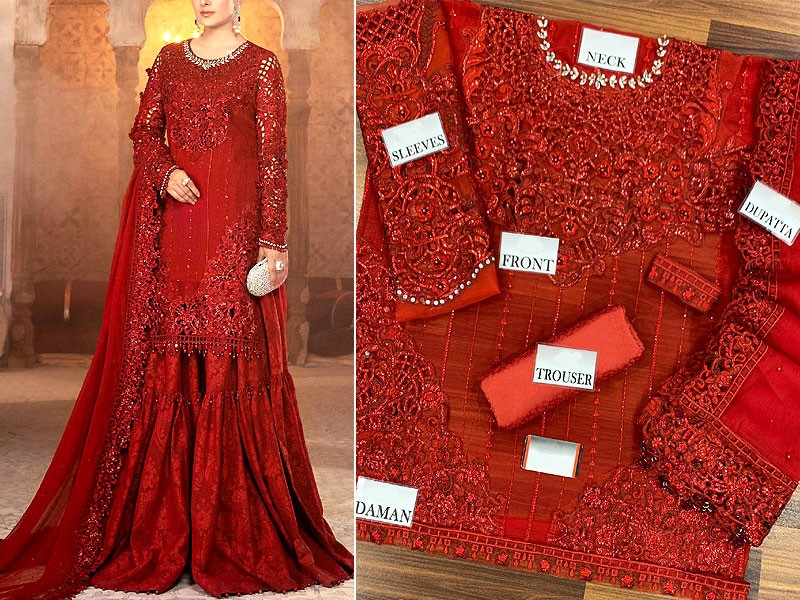 Cutwork Heavy Embroidered Red Chiffon Wedding Dress 2022