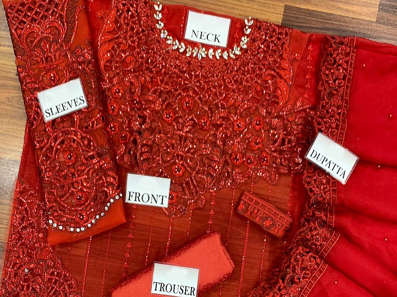 Cutwork Heavy Embroidered Red Chiffon Wedding Dress 2024