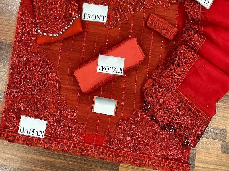 Cutwork Heavy Embroidered Red Chiffon Wedding Dress 2023
