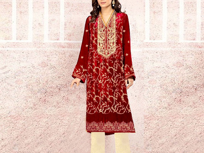 Heavy Embroidered Maroon Velvet Dress with Embroidered Net Dupatta Price in Pakistan