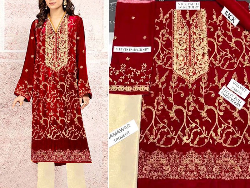 Heavy Embroidered 2-Piece Red Velvet Party Wear Dress