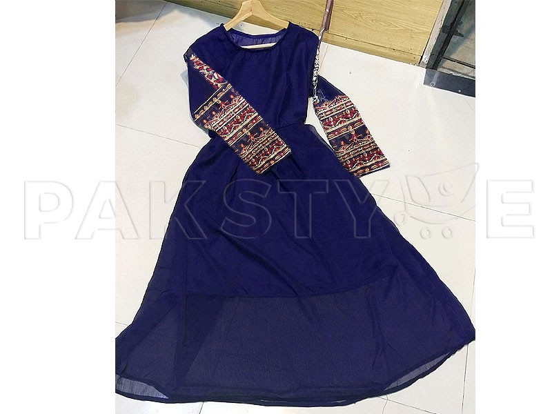 Ready Made Embroidered Navy Blue Chiffon Maxi with Inner