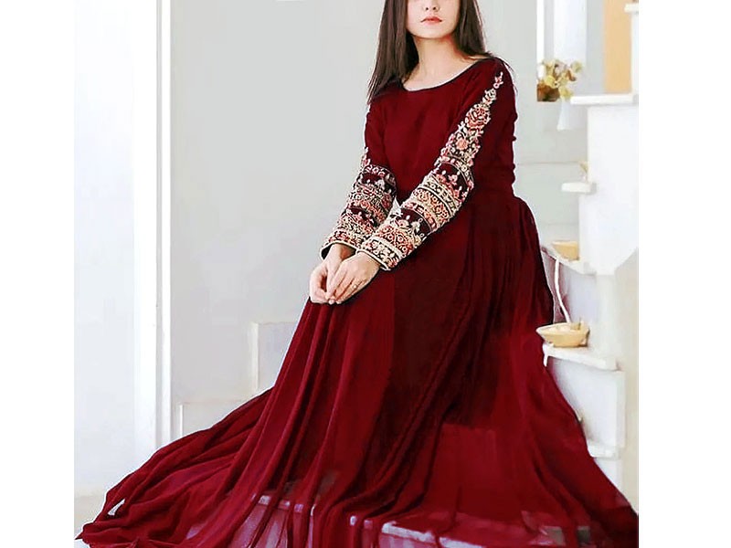 Ready Made Embroidered Maroon Chiffon Maxi with Inner