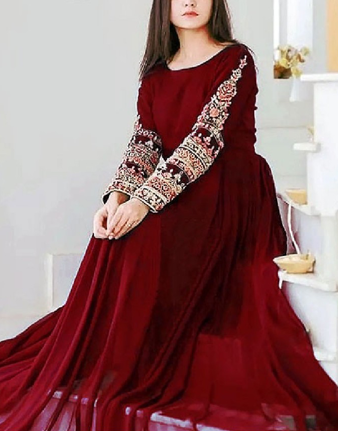 Indian Embroidered  Chiffon Maxi Dress 2022 with 4-Side Embroidered Dupatta Price in Pakistan