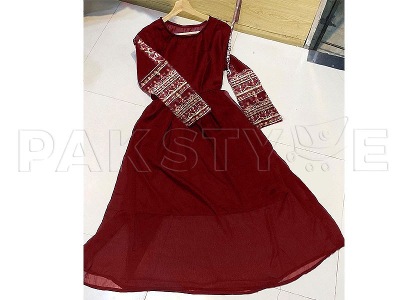 Ready Made Embroidered Maroon Chiffon Maxi with Inner