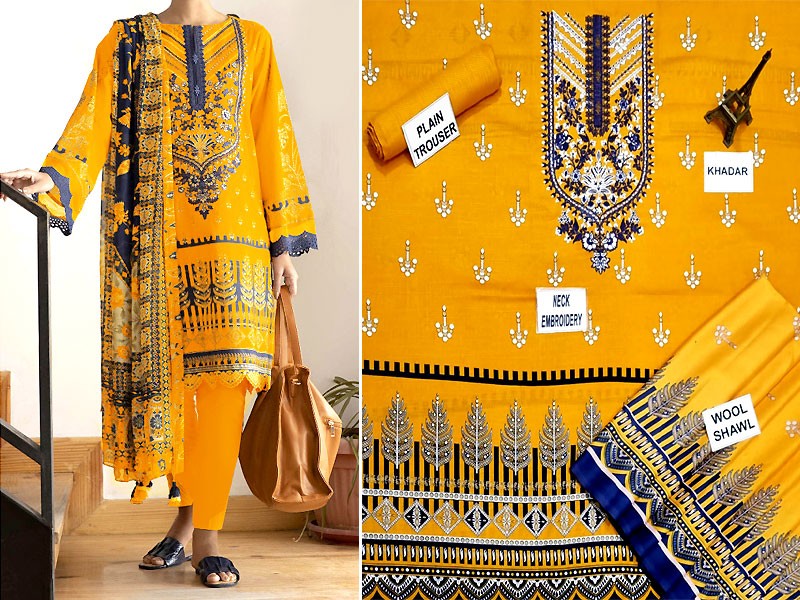 Embroidered Khaddar Dress 2021 with Wool Shawl