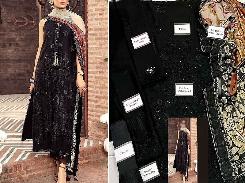 Heavy Embroidered Chiffon Dress with Digital Print Silk Dupatta