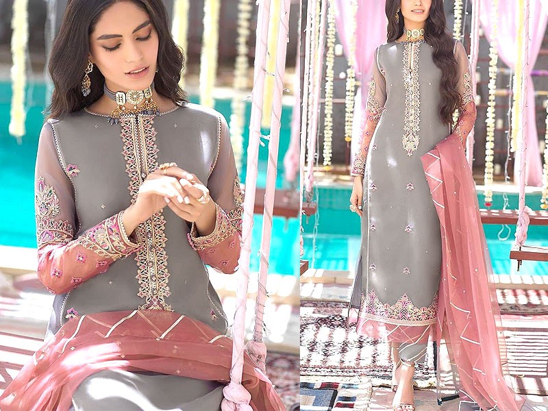 Decent Embroidered Organza Grey Wedding Dress with Silk Trouser Price in Pakistan