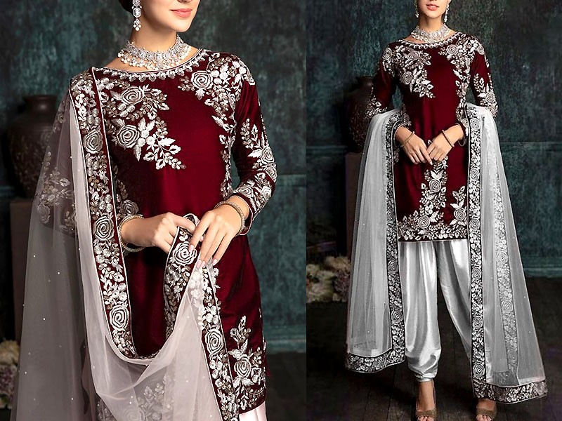 Heavy Embroidered Raw Silk Maxi Dress with Embroidered Khaddi Net Dupatta Price in Pakistan